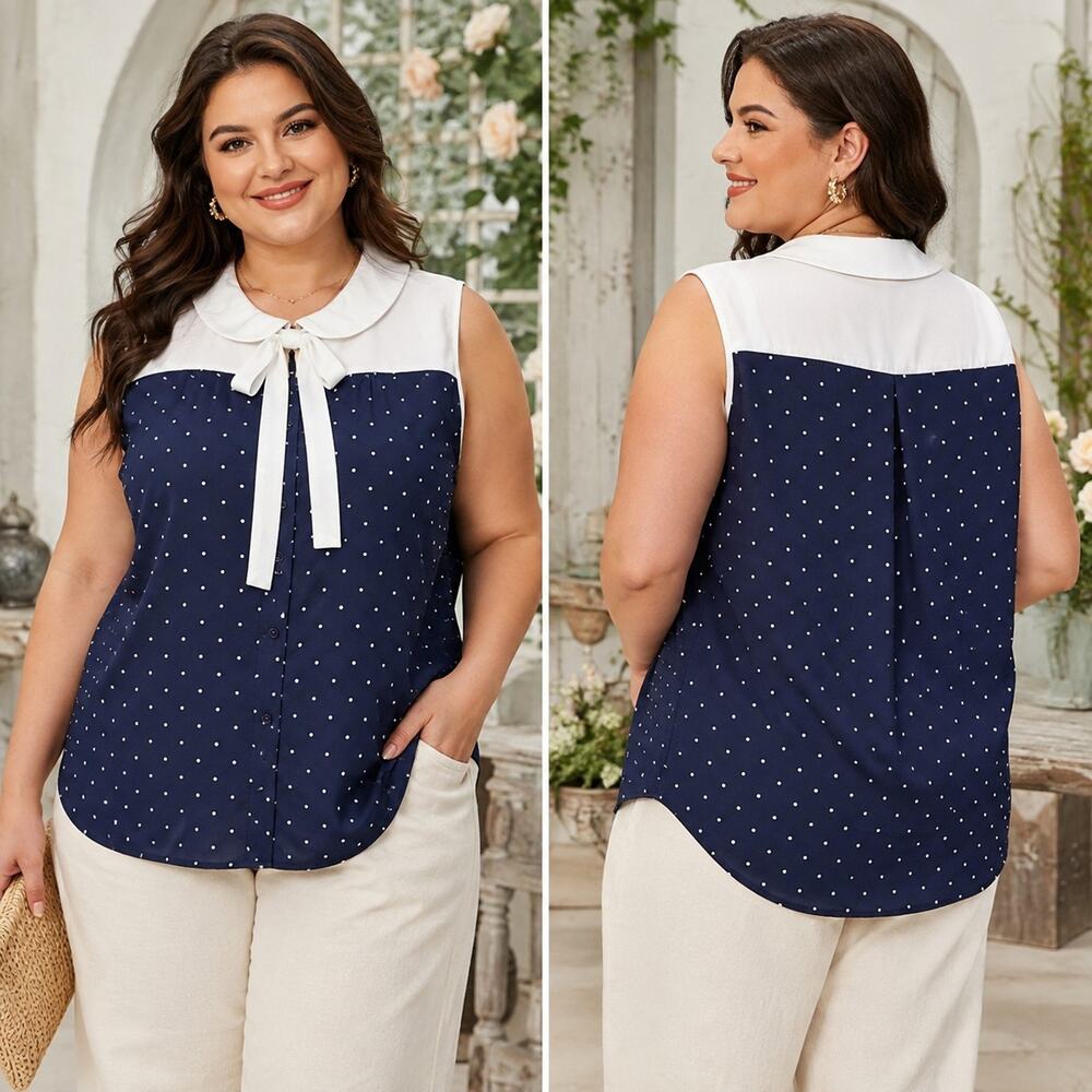 Tulip B Womens X-Large Navy Polka Dot Peter Pan Collar Tie Neck Blouse NWT